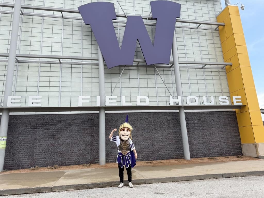 The new Warrior mascot outside the Waukee High School field house
