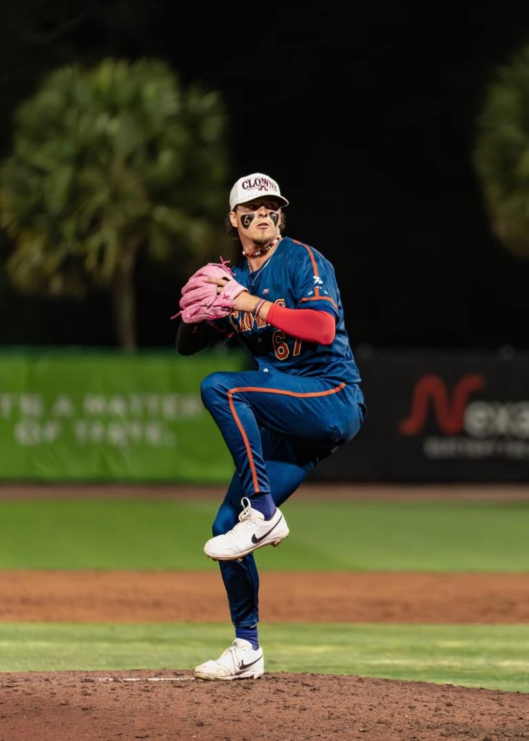 Drew Irvine pitching in a Banana Ball game